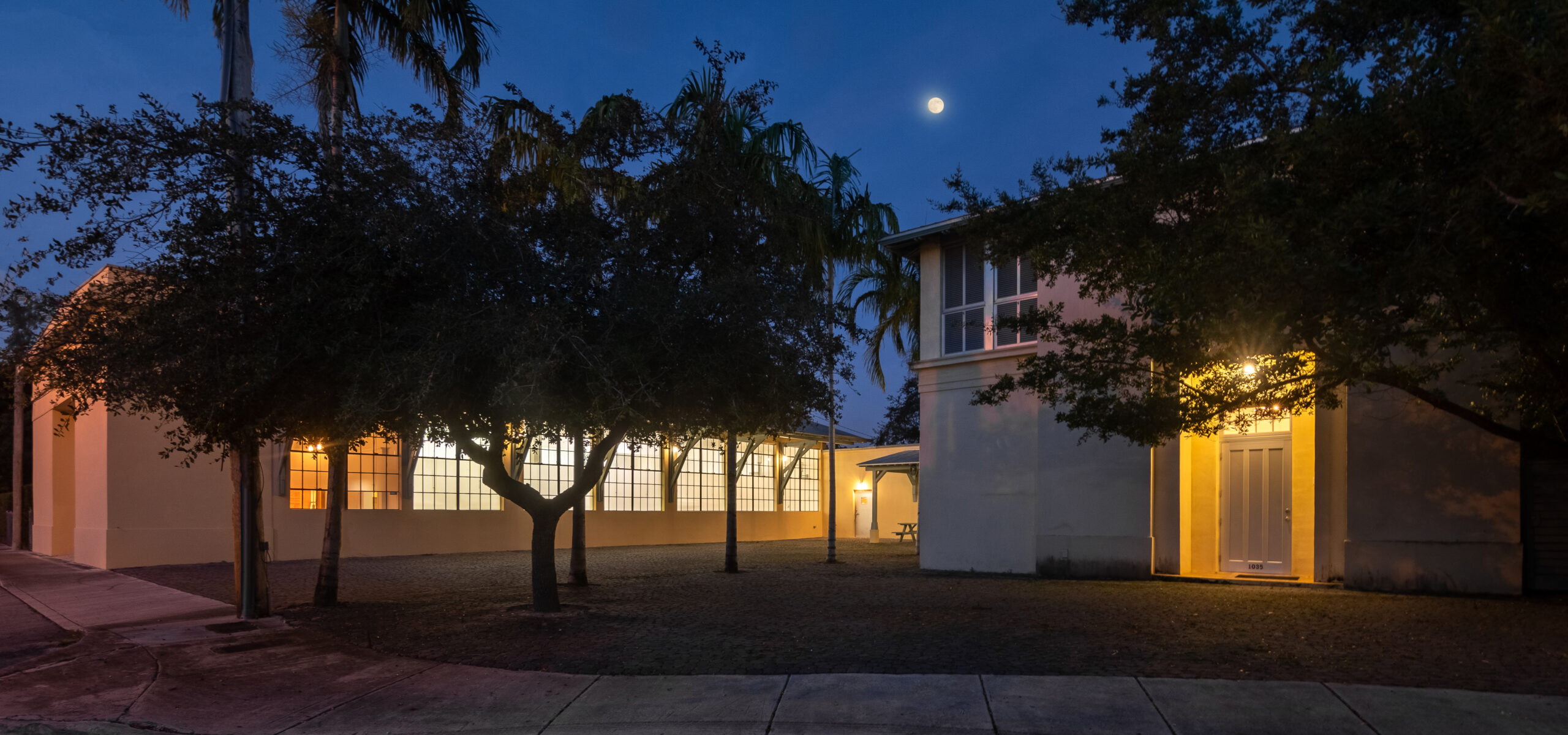 Trees and lit buildings at night with the moon high in the sky