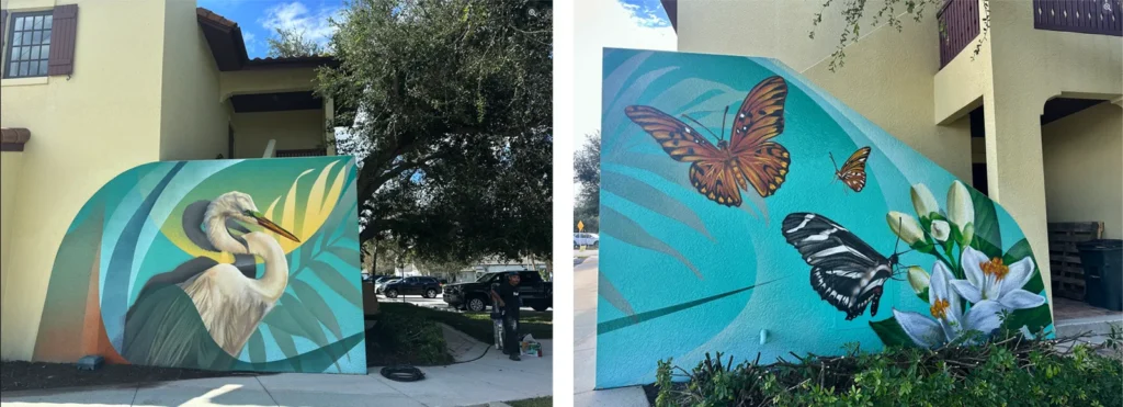 Mural with crane and mural with butterflies