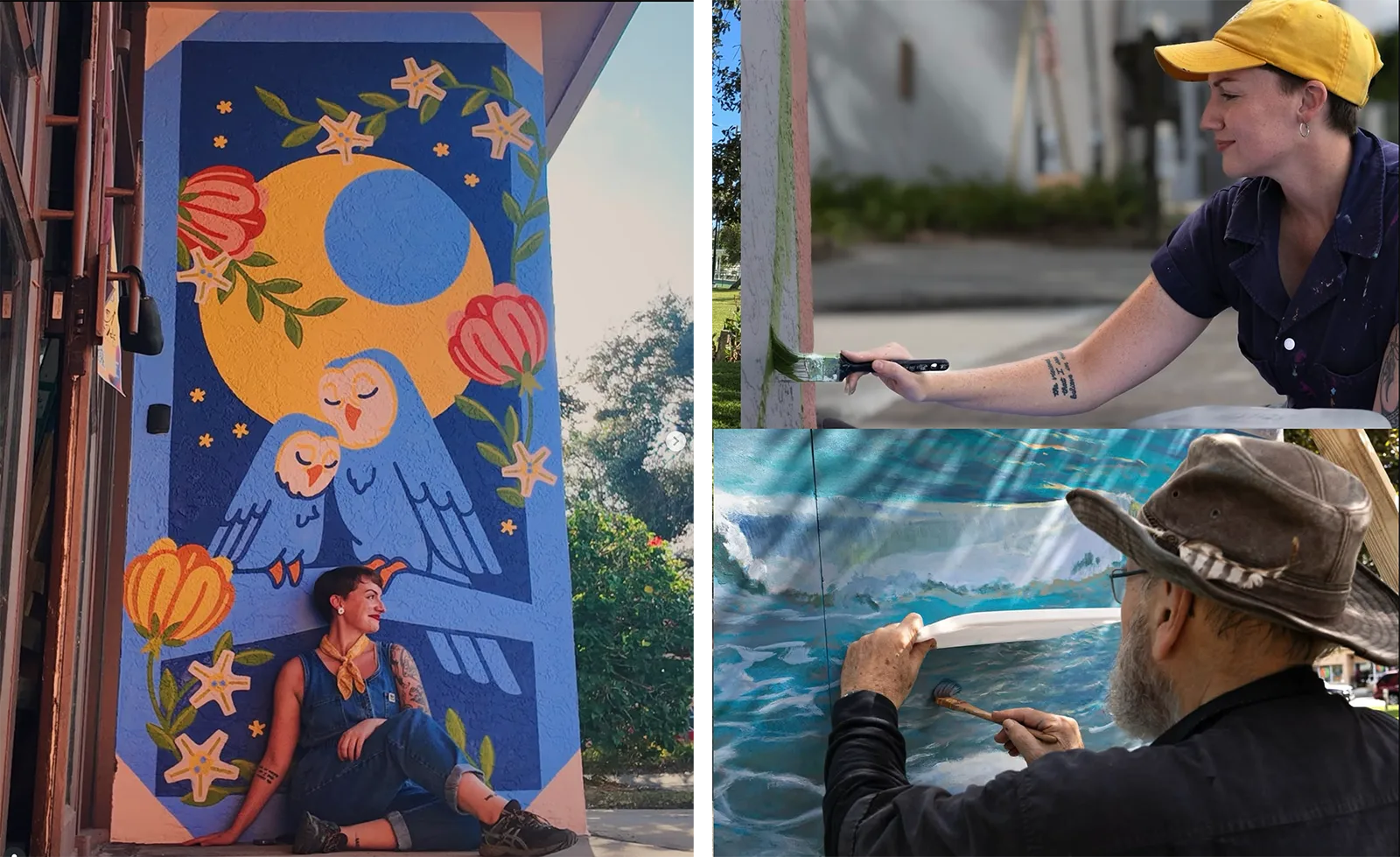 A mural and two artists painting