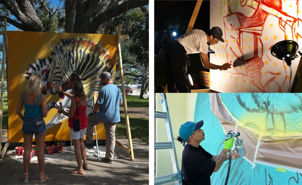 Zebra painting and artists working on paintings